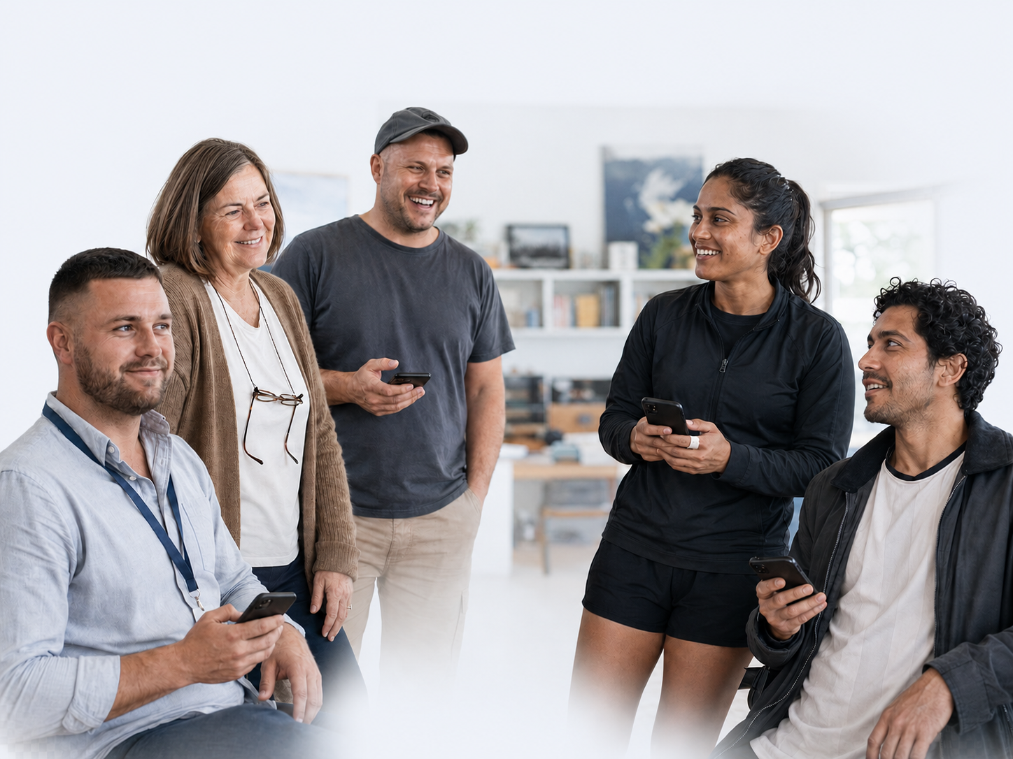 A group of mates in a living room, phones out, laughing together.
