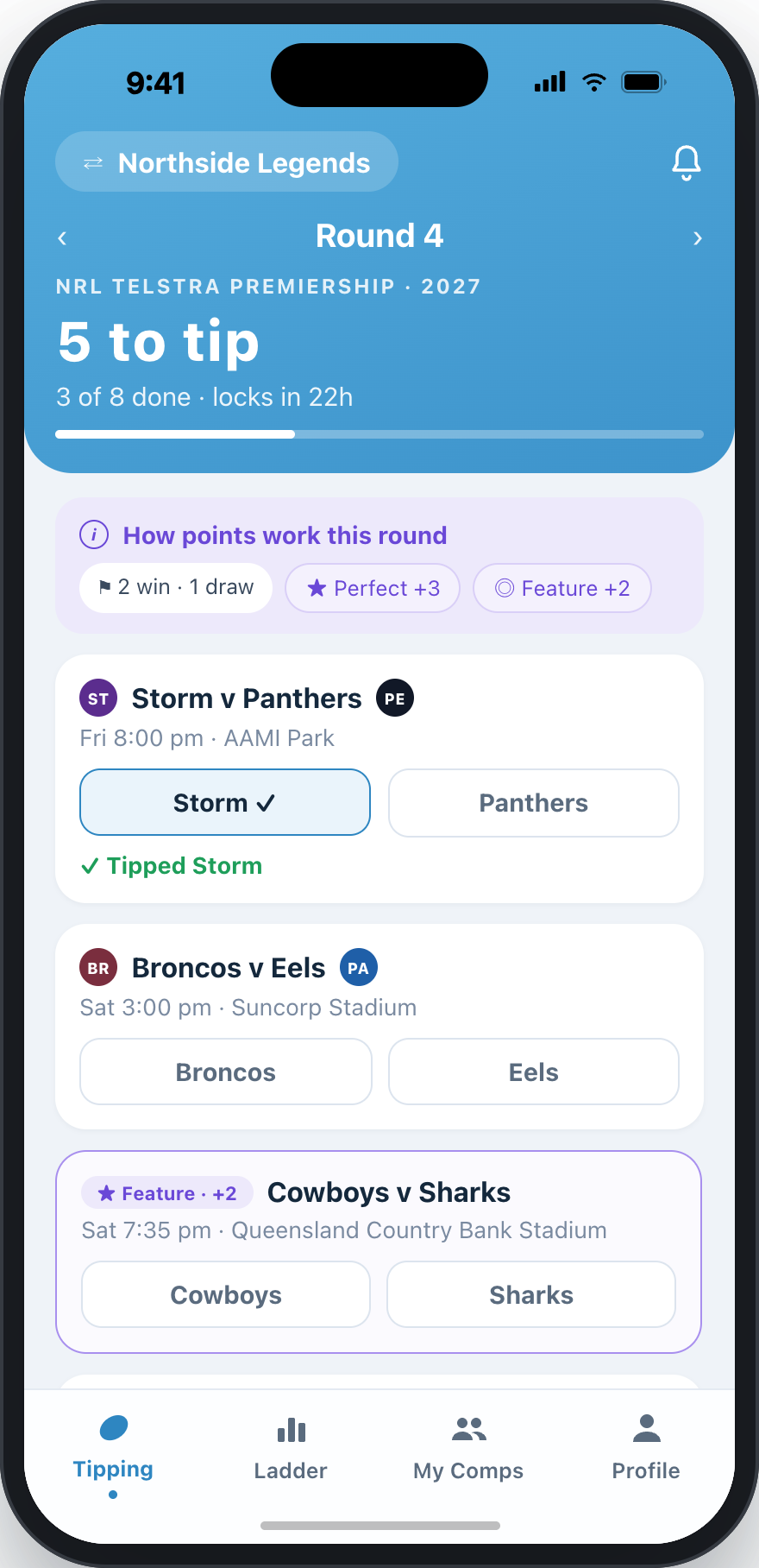 TippingMates tipping screen — Round 20, your rank, points and streak, with match cards to pick winners.