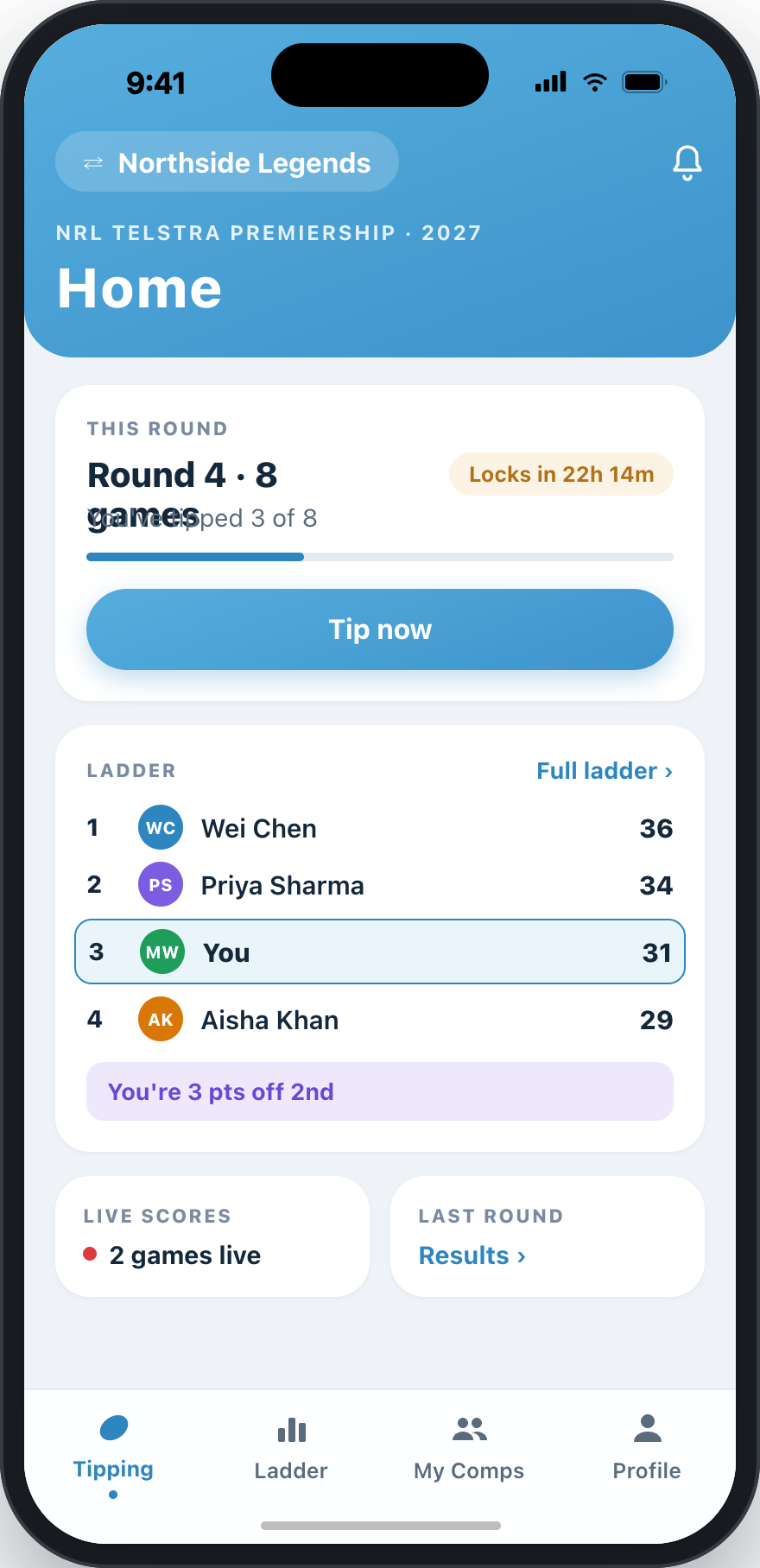 TippingMates My Comps — your active comps at a glance.